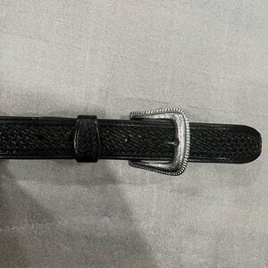 [Max39”]Western Black Leather Men's Snap Belt Mexico Silver /Gold Tone Buckle